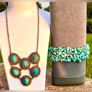 Lucky Brand Faceted Turquoise Necklace Statement Pendant Multiband Chip Bracelet